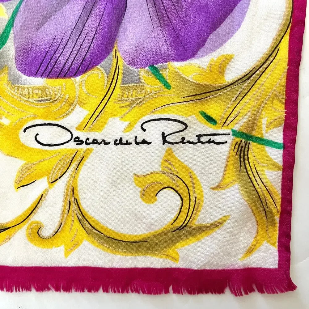 Oscar de la Renta Vintage Baroque Floral Metallic Gold Crepe de Chine Silk Scarf